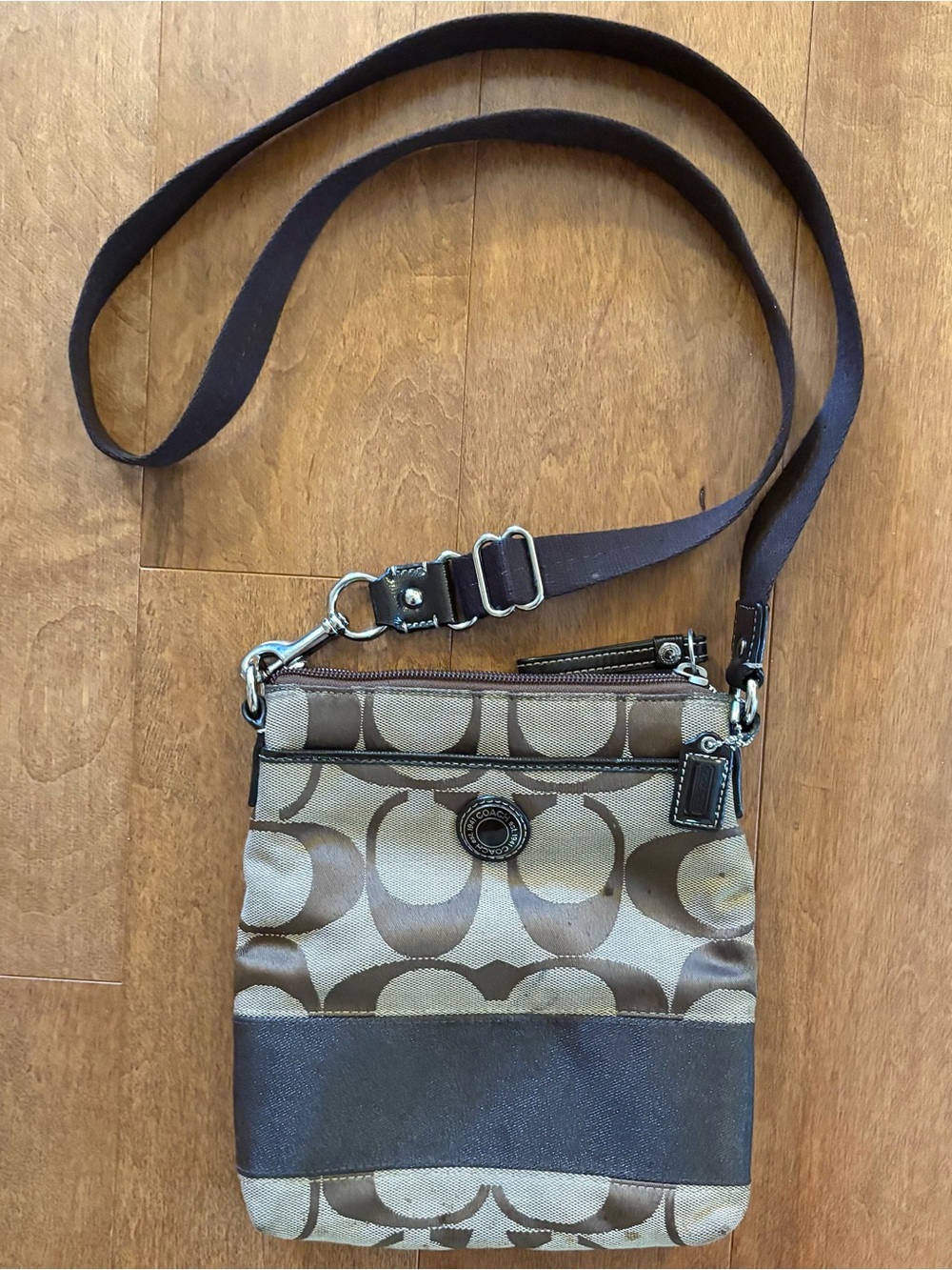 Vintage Coach Signature Stripe Swingpack Crossbody Bag Brown Monogram Y2K Canvas